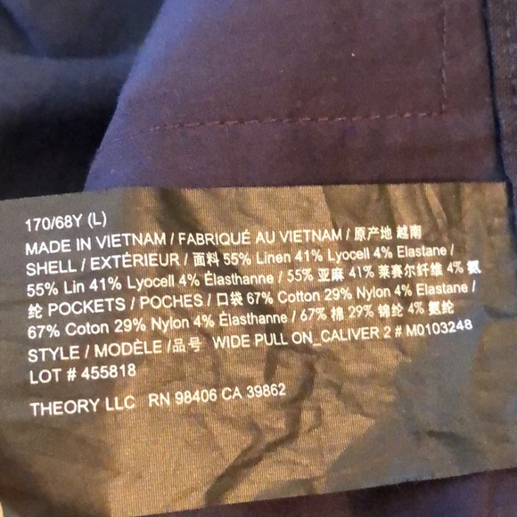 Theory Linen blend pull-on, front pockets, elastic back/waist, faux fly pants - Picture 5 of 8